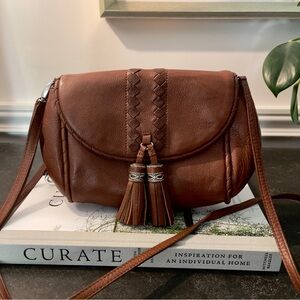 Brighton Brown Leather Crossbody Bag Tassel Woven Trim F128552 Authentic